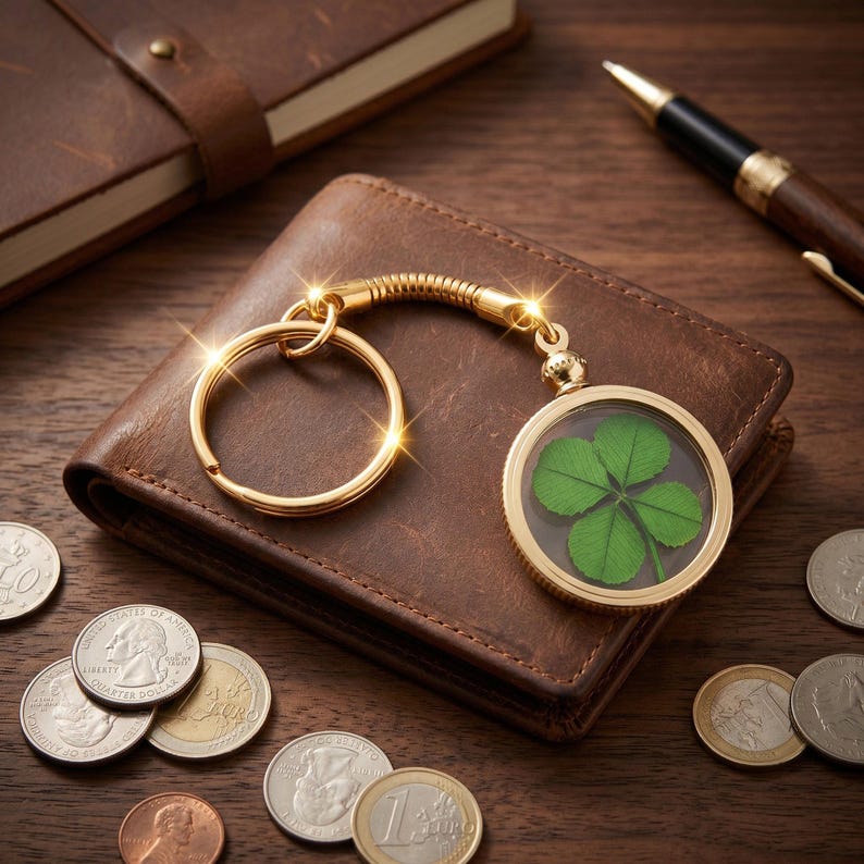 May include: A gold-toned metal keychain featuring a circular pendant with a clear glass front and back, enclosing a preserved four-leaf clover. The keychain has a flexible coiled connector and a standard round split ring for keys.