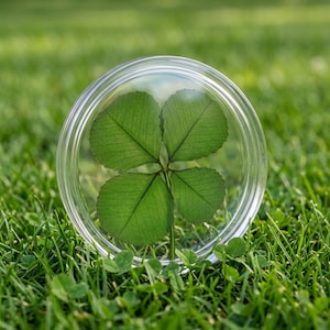 May include: A four-leaf clover encased within a clear, circular glass or acrylic paperweight. The clover features four distinct green leaves with visible veins, centered inside the transparent, rounded object, displaying a natural botanical specimen.