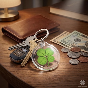 May include: A circular clear acrylic keychain containing a preserved green four-leaf clover, attached to a silver metal split ring with a silver house key, a gold-toned key, and a black car key fob with a silver logo.