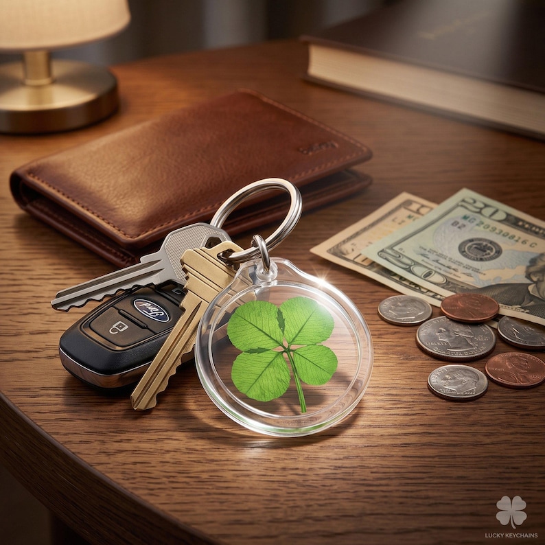 May include: A circular clear acrylic keychain containing a preserved green four-leaf clover, attached to a silver metal split ring with a silver house key, a gold-toned key, and a black car key fob with a silver logo.