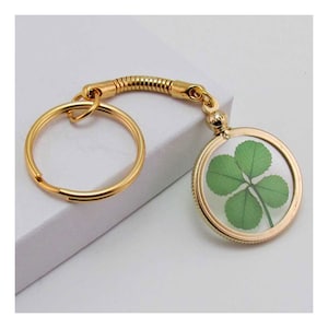 Good Luck Charm Gold Keychain with a Real Genuine Four Leaf Clover - GK-4J