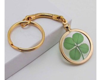 Good Luck Charm Gold Keychain with a Real Genuine Four Leaf Clover - GK-4J