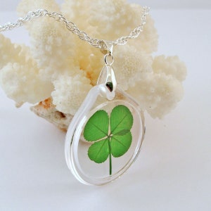Good Luck Charm Acrylic Pendant Necklace with a Real Genuine Four Leaf Clover - AN-4J
