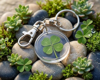 Genuine Four Leaf Clover Good Luck Charm Trigger Snap Keychain  - AK-4J