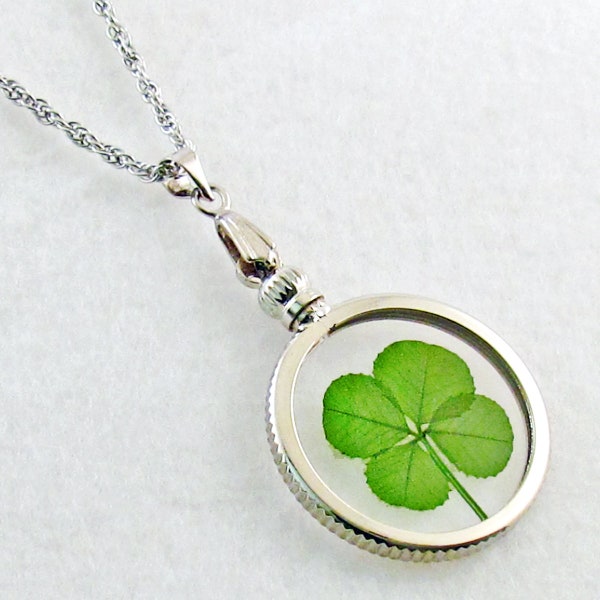 Good Luck Charm Silver Pendant Necklace with a Real Genuine Four Leaf Clover - SN-4J