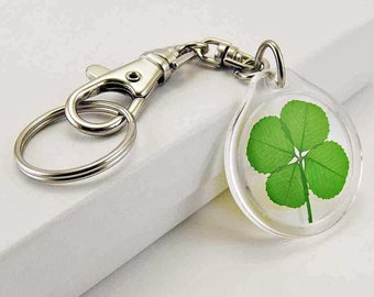 Genuine Four Leaf Clover Good Luck Charm Trigger Snap Keychain  - AK-4J