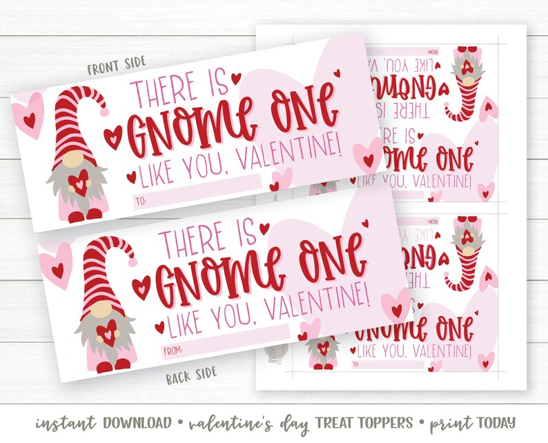 May include: Printable Valentine's Day treat toppers featuring a gnome with the text "There is gnome one like you, Valentine!" in red and pink.