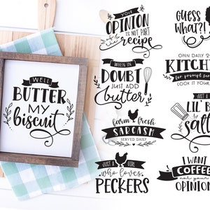 May include: A set of 10 black and white kitchen signs with humorous sayings. The signs feature a variety of fonts and illustrations, including a chicken, a whisk, a salt shaker, and a coffee cup. The signs are perfect for adding a touch of personality to your kitchen.