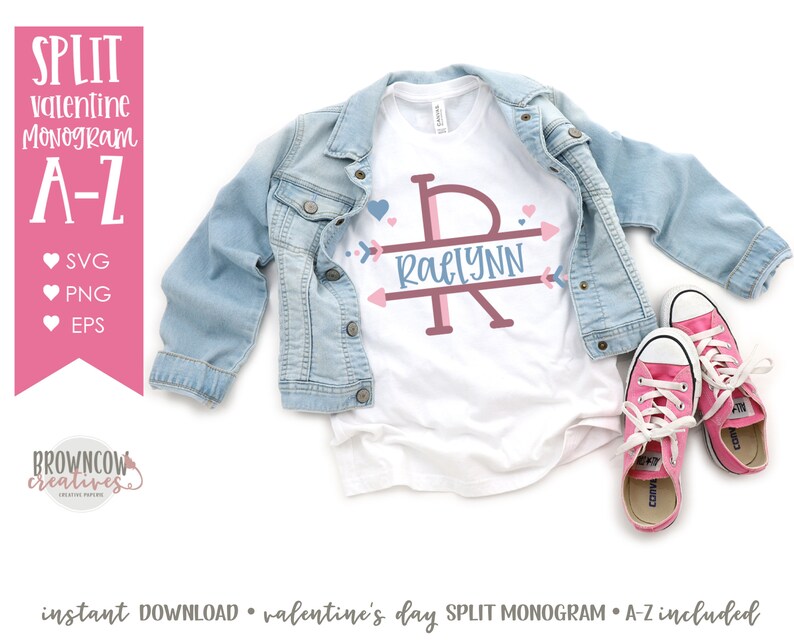 May include: A white t-shirt with a split monogram design featuring the name "Raelynn" in blue, with pink arrows and hearts. The shirt is paired with a light blue denim jacket and pink sneakers. Text on the image reads "SPLIT Valentine Monogram A-Z".