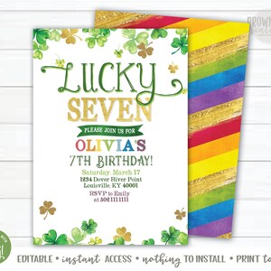 Lucky Seven St. Patrick's Day Seventh Birthday Invitation, 7th Birthday Invitation, Lucky Invitation, Editable, Instant Access,St. Pat's Day