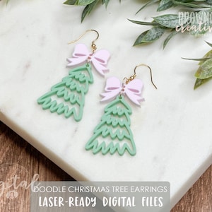 Archivo de corte láser para aretes de árbol de Navidad dibujado a mano, archivo de corte láser para aretes de árbol de Navidad con dibujos en bucle