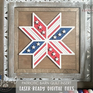 May include: A laser-cut wooden patriotic barn quilt insert with a red, white, and blue star design. The text "PATRIOTIC BARN QUILT INSERT LASER-READY DIGITAL FILES" is printed below the design.