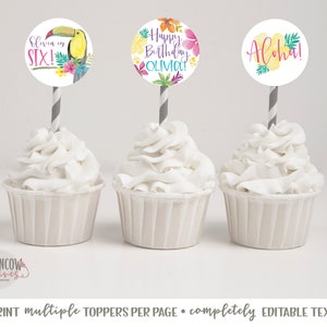 Puede incluir: Tres adornos para cupcakes con dise&ntilde;os tropicales coloridos. Los adornos presentan un tuc&aacute;n, flores y el texto "Olivia tiene seis!"  "&iexcl;Feliz cumplea&ntilde;os Olivia!" y "&iexcl;Aloha!"