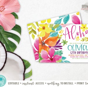 May include: Aloha! Join us for a luau to celebrate Olivia's 12th birthday!  Invitation with a tropical floral design in shades of pink, yellow, orange, and green.  The text is in a white font.