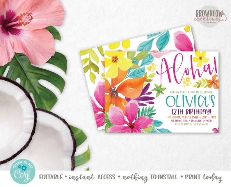 May include: Aloha! Join us for a luau to celebrate Olivia's 12th birthday!  Invitation with a tropical floral design in shades of pink, yellow, orange, and green.  The text is in a white font.