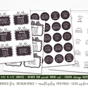 May include: Printable spice jar labels with black and white text on a white background. The labels feature a variety of spices, including cinnamon, cumin, garlic powder, and dill seed. The labels are designed to be cut out and applied to spice jars.