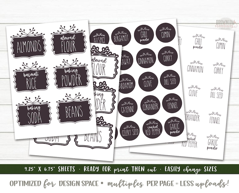 May include: Printable spice jar labels with black and white text on a white background. The labels feature a variety of spices, including cinnamon, cumin, garlic powder, and dill seed. The labels are designed to be cut out and applied to spice jars.