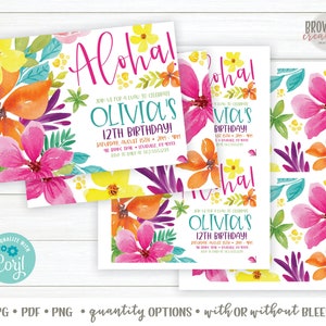 May include: Aloha! Tropical floral birthday invitation with a watercolor design. The invitation features a pink hibiscus flower, yellow flowers, and green leaves. The text on the invitation reads "Aloha! Join us for a luau to celebrate Olivia's 12th Birthday!"