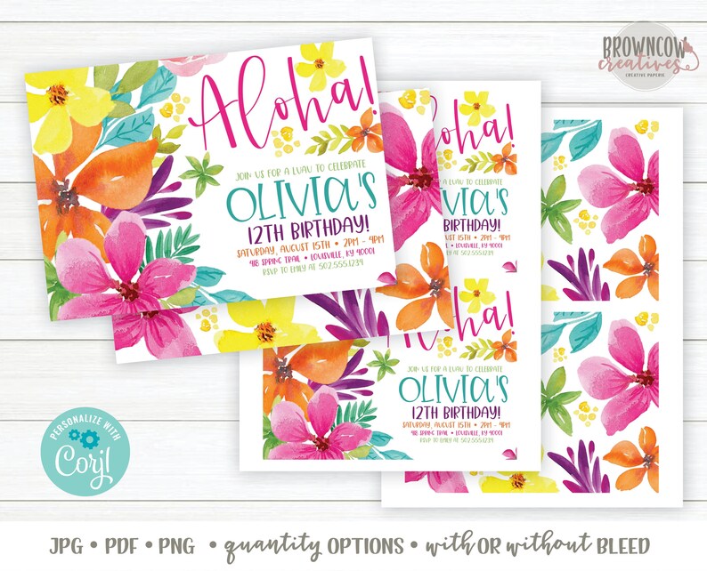May include: Aloha! Tropical floral birthday invitation with a watercolor design. The invitation features a pink hibiscus flower, yellow flowers, and green leaves. The text on the invitation reads "Aloha! Join us for a luau to celebrate Olivia's 12th Birthday!"