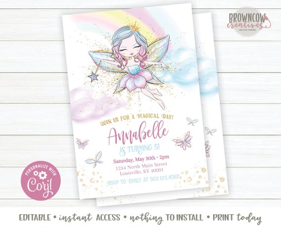 Fairy Birthday Invitation, Editable Fairy Invitation, Fairy Girl Birthday Invitation, Printable Fairy Invitation, Corjl Il_570xn