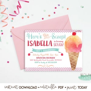 INSTANT DOWNLOAD, Printable Ice Cream Birthday Party Invitation, Ice Cream Birthday Invitation, Editable PDF image 1