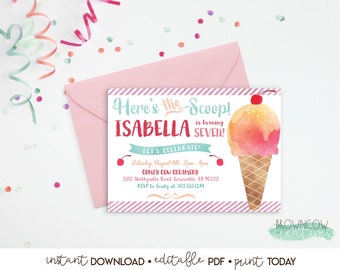 INSTANT DOWNLOAD, Printable Ice Cream Birthday Party Invitation, Ice Cream Birthday Invitation, Editable PDF