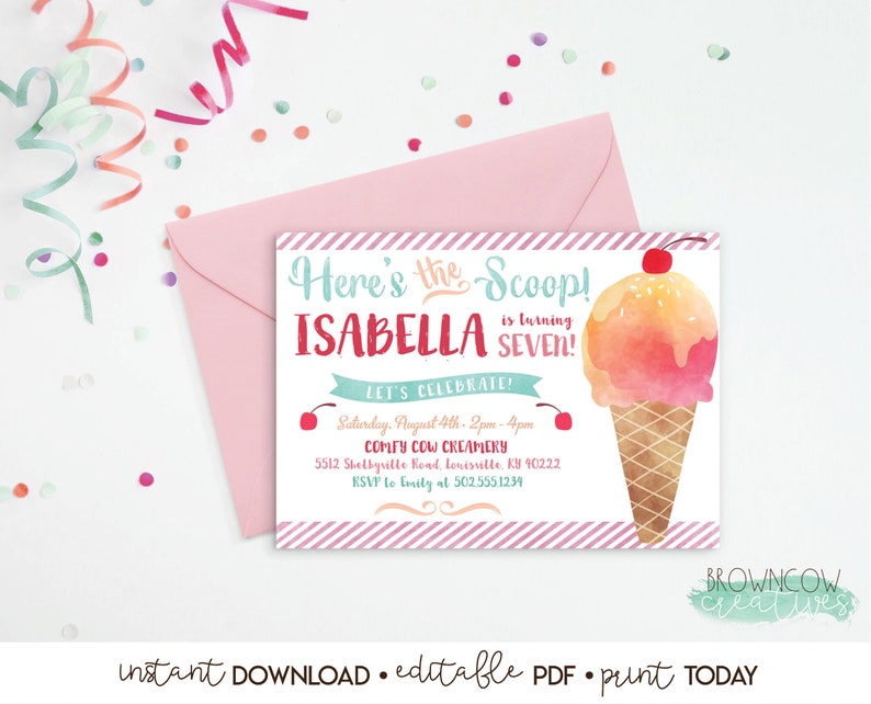 INSTANT DOWNLOAD, Printable Ice Cream Birthday Party Invitation, Ice Cream Birthday Invitation, Editable PDF image 1