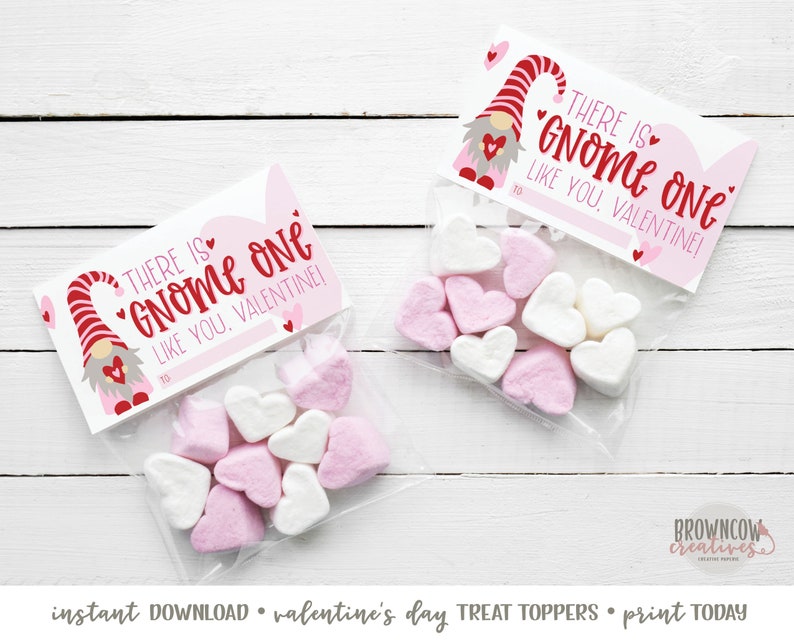 May include: Printable Valentine's Day treat toppers featuring a gnome with the text "There is Gnome one like you. Valentine!"  The toppers are pink and red with white hearts.