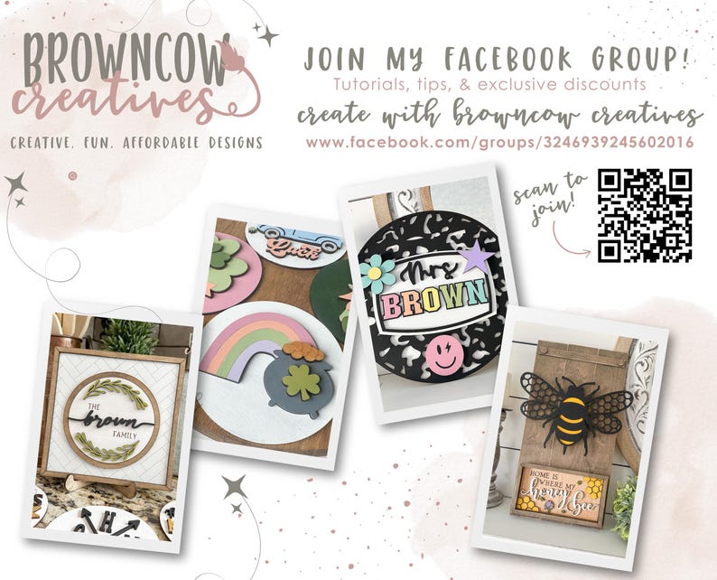 May include: A collection of wooden signs with various designs, including a rainbow, a pot of gold, a bee, and a sign that says "Mrs. Brown". The signs are all painted in bright colors and have a whimsical feel. The image also includes a QR code and text that says "Join my Facebook group!"