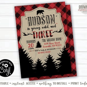 May include: A red and black buffalo plaid invitation with a brown bear silhouette and the text "HUDSON is young, wild, and THREE". The invitation is for a birthday party on January 20th at 2:00 PM at the Wilson Home. The address is 1234 Stone Street, Louisville, KY 40222. The RSVP number is 502.555.1234. The invitation says "No gifts please!"