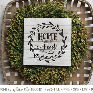 K&ouml;nnte beinhalten: Ein wei&szlig;es Holzschild mit einem schwarzen Kranz und dem Text "Home is where the food is".