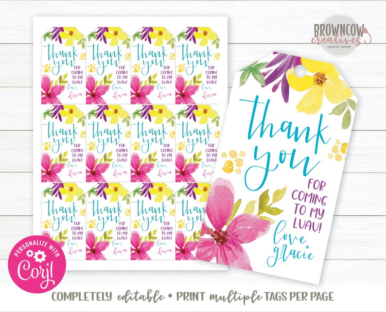 Puede incluir: Un conjunto de 12 etiquetas de agradecimiento imprimibles con un dise&ntilde;o floral tropical con flores rosas, amarillas y moradas. Las etiquetas dicen "&iexcl;Gracias por venir a mi luau! Con cari&ntilde;o, Gracie".