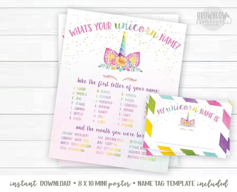 What's Your Unicorn Name Poster, Unicorn Name Sign, Unicorn Birthday Poster, Instant Download image 2