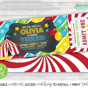 May include: A printable invitation for a child's birthday party. The invitation is designed to look like a circus ticket with a red and white striped background. The text on the invitation reads "Come one, come all! Olivia is turning three!" and includes the date, time, and location of the party.