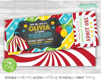 Circus Ticket Invitation, Carnival Birthday, Editable Template