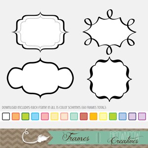 Peut inclure: Quatre contours de cadres noirs et blancs. Les cadres sont de styles différents, notamment un carré simple, un rectangle arrondi, un cadre plus orné avec un bord festonné et un cadre avec un design en spirale. Le texte "DOWNLOAD INCLUDES each frame in ALL 15 COLOR SCHEMES {60 FRAMES TOTAL}" est sous les cadres. Une rangée de 15 carrés colorés est sous le texte. Le texte "Frames 60 FRAMES 300DPI" est sous les carrés colorés. Le texte "BROWNCOW Creatives" est sous le texte "Frames".