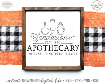 May include: A black and white illustration of three potion bottles with the text "Sanderson's Est. 1876 Apothecary Potions Tinctures Elixirs" on a white background.