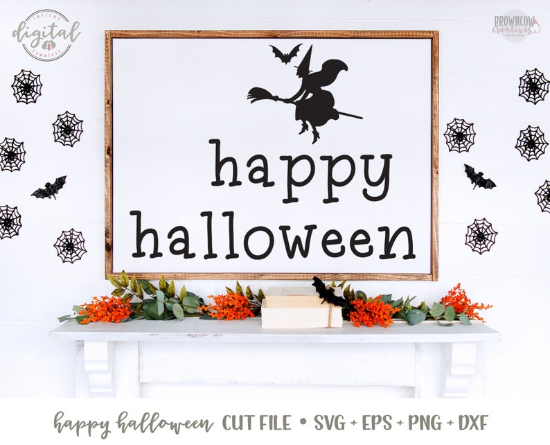 May include: A white sign with the text "happy halloween" in black lettering. A black silhouette of a witch flying on a broomstick with bats is above the text. The sign is on a white wall with black spiderwebs and bats.