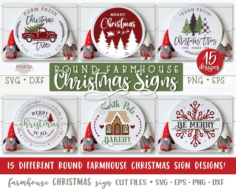 May include: 15 round farmhouse Christmas sign designs in SVG, DXF, PNG, and EPS formats. The signs feature various Christmas themes, including a farmhouse with a Christmas tree, a gingerbread house, a snowflake, and a Merry Christmas message.