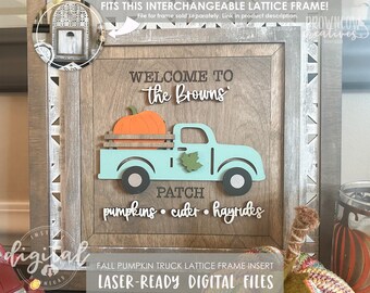 May include: A laser-cut design for a wooden sign featuring a teal blue pickup truck with a pumpkin in the bed. The sign says "Welcome to the Browns' Patch pumpkins cider hayrides".