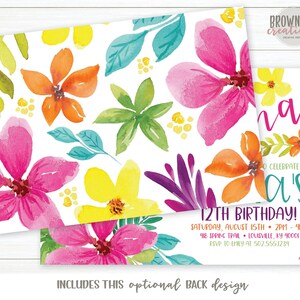 May include: Tropical floral birthday invitation with a watercolor design. The invitation features a pink, yellow, and orange floral pattern with green leaves. The text on the invitation reads "Let's Celebrate [Name]'s 12th Birthday!" with the date, time, and location of the party.