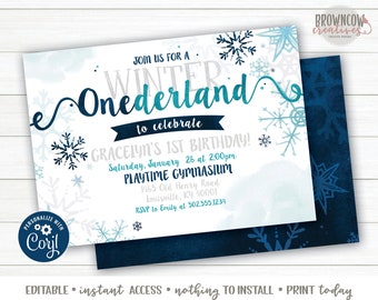 May include: A blue and white printable invitation for a first birthday party with a winter wonderland theme. The invitation features snowflakes and the text "Join us for a Winter Onederland to celebrate Gracelyn's 1st Birthday!"  Saturday, January 26 at 2:00pm Playtime Gymnasium 1965 Old Henry Road Louisville, KY 40001 RSVP to Emily at 502.555.1234