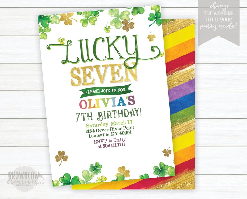 May include: A white invitation with green shamrocks and gold glitter. The text reads "Lucky Seven, Please Join Us For Olivia's 7th Birthday!" with the date, location, and RSVP information below.