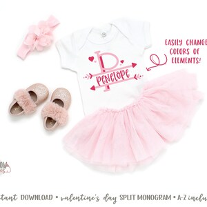 May include: A baby outfit set featuring a white onesie with a pink monogram and the name "Penelope", a pink tutu, a pink headband, and sparkly pink shoes. The text "EASILY CHANGE COLORS OF ELEMENTS!" is also visible.