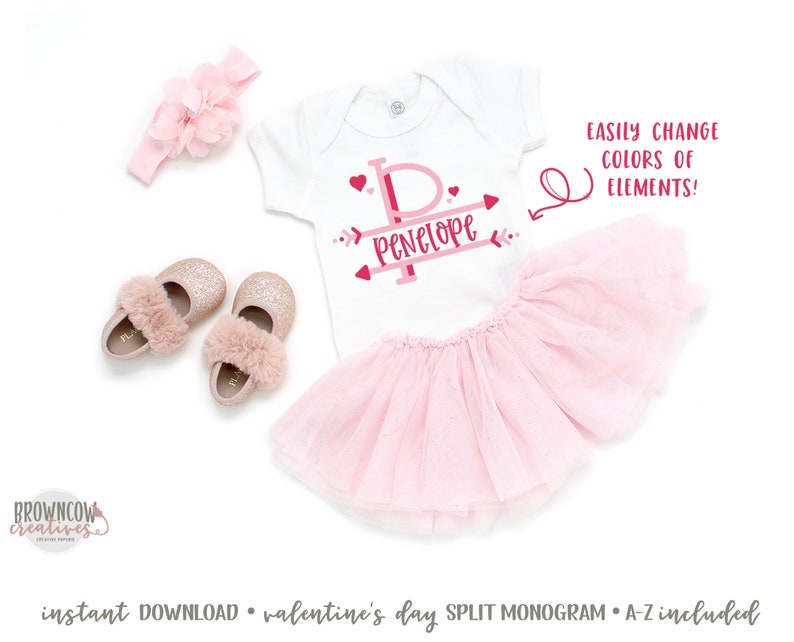 May include: A baby outfit set featuring a white onesie with a pink monogram and the name "Penelope", a pink tutu, a pink headband, and sparkly pink shoes. The text "EASILY CHANGE COLORS OF ELEMENTS!" is also visible.