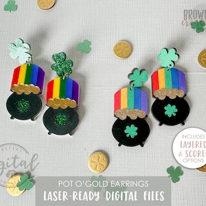 May include: Rainbow pot of gold earrings with shamrock charms. Laser-ready digital files include layered and scored options.  "INCLUDES LAYERED & SCORED OPTIONS"