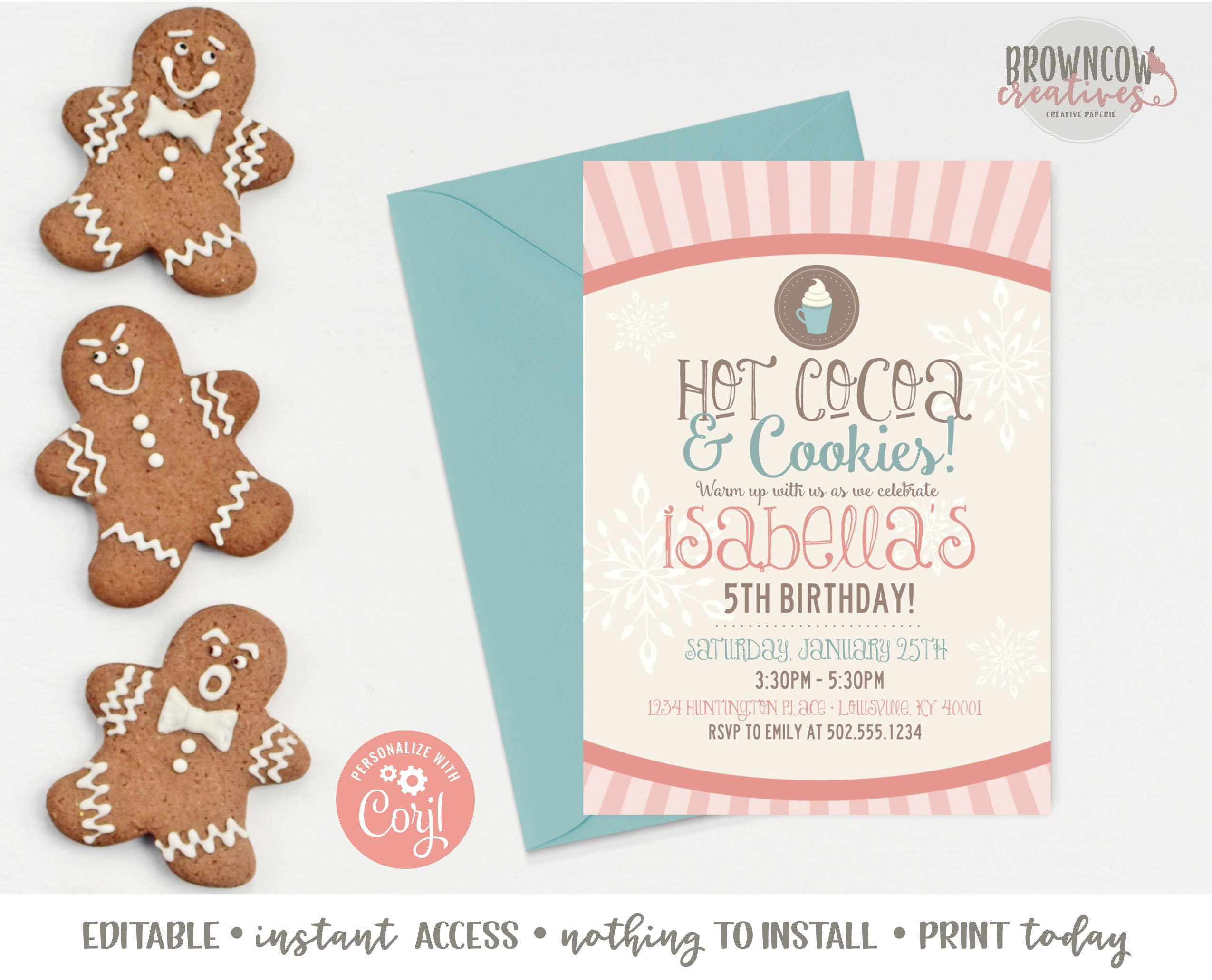 Hot Cocoa & Cookies Invitation, Winter Birthday Party, Instant Access, Editable, Hot Cocoa Party, Corjl