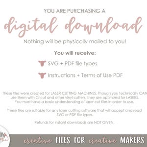 May include: A digital download graphic with text in a soft pink hue. The text reads "digital download" and details the file types included: SVG and PDF. The image also states that the files are optimized for laser cutting machines.