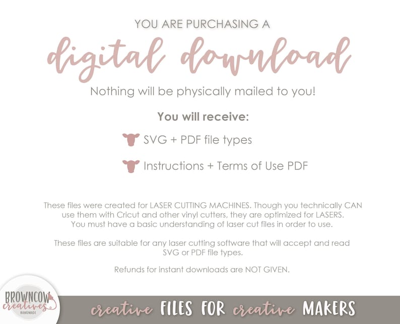 May include: A digital download graphic with text in a soft pink hue. The text reads "digital download" and details the file types included: SVG and PDF. The image also states that the files are optimized for laser cutting machines.
