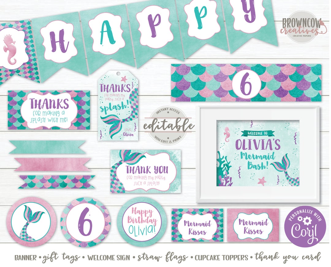 Mermaid Party Decorations, Printable Party Favors, Under the Sea Birthday, Swim Party ...